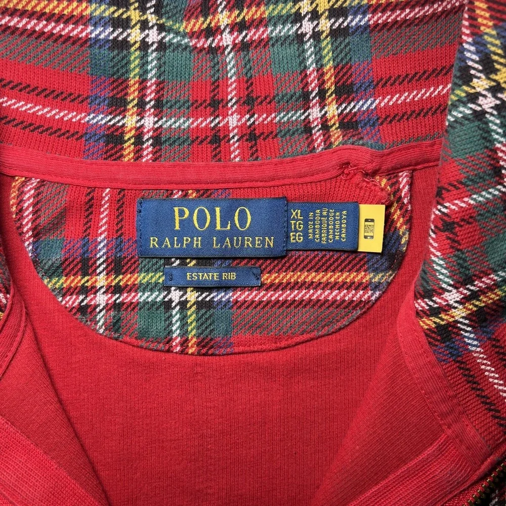 Polo Ralph Lauren Estate Rib Quarter-Zip Madras Plaid Pullover Sweater Men XL